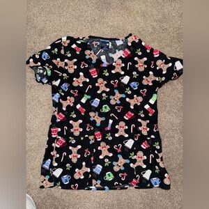 Holiday Themed Scrub Top with Gingerbread Print